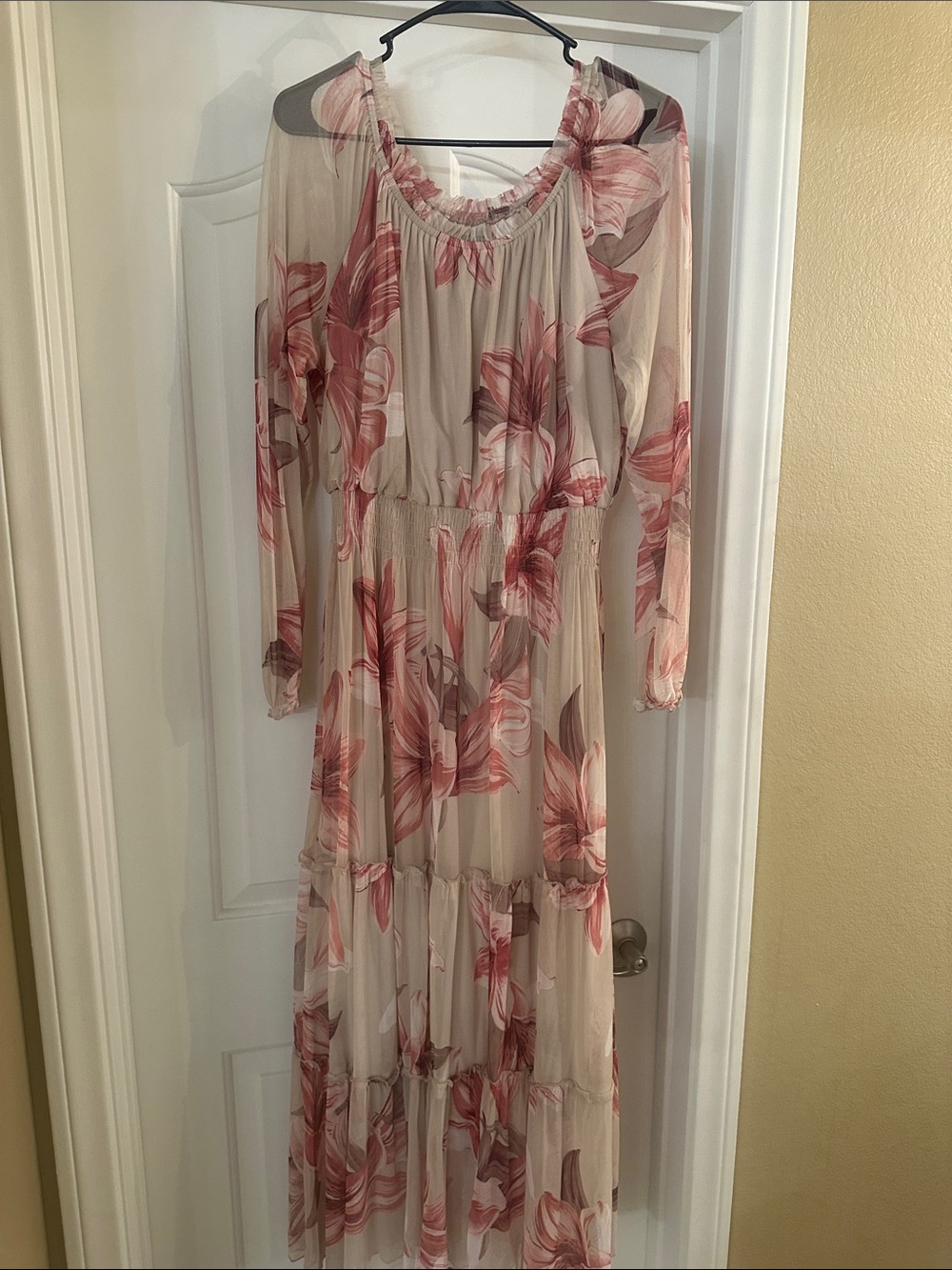 Blush Floral Tiered Maxi Dress with Long Sleeves